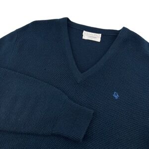 Christian Dior Vintage Mens Navy Blue V-Neck Textured Acrylic Sweater L *Flaw*